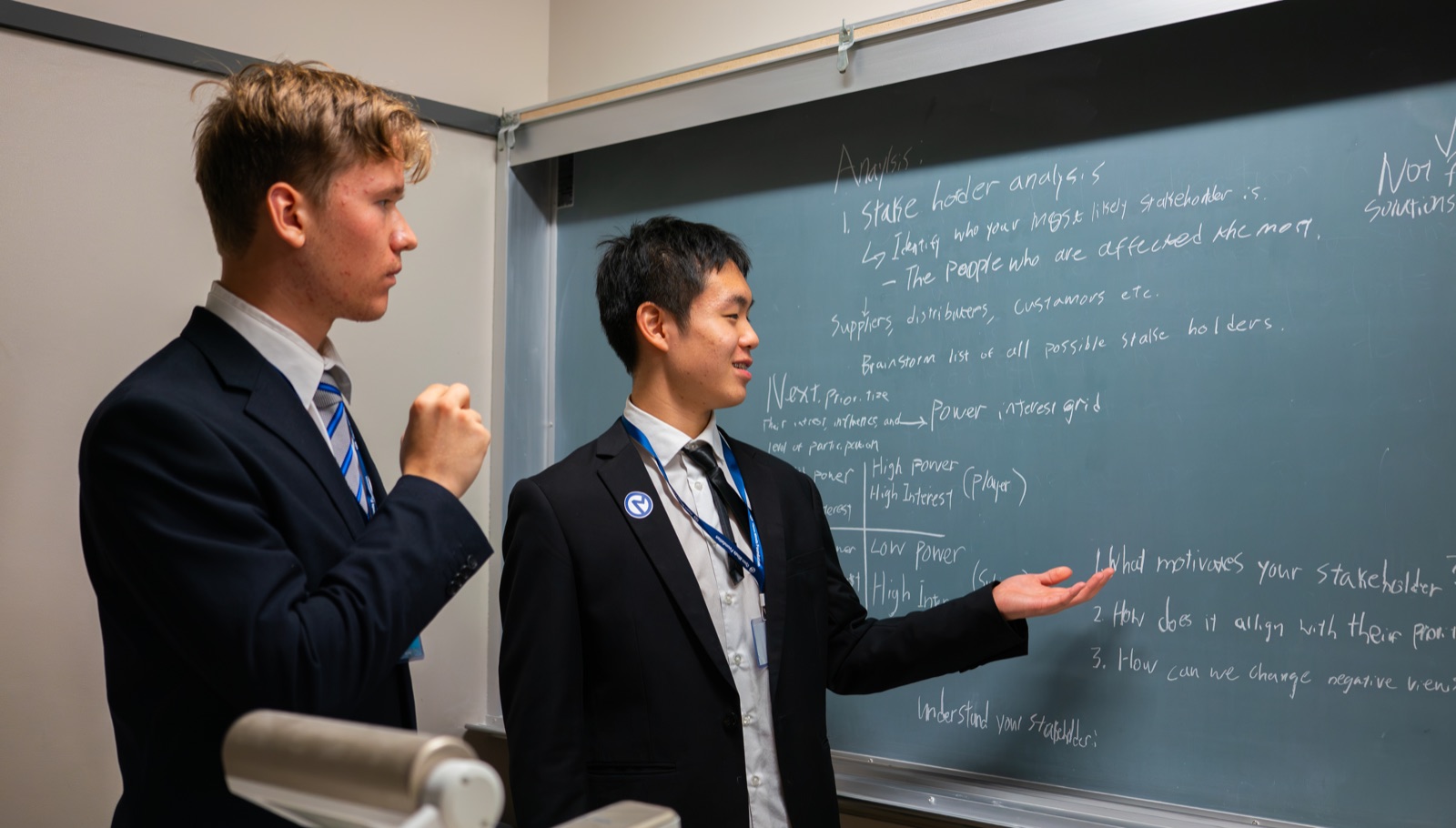 Two Velocity participants working through their case at a chalkboard